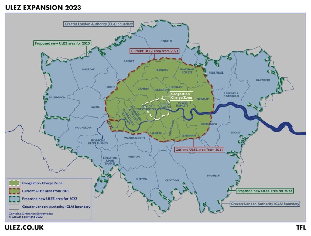 ULEZ Zone and Expansion 2023. Credit ULEZ.co.uk and Transport for London for the image.